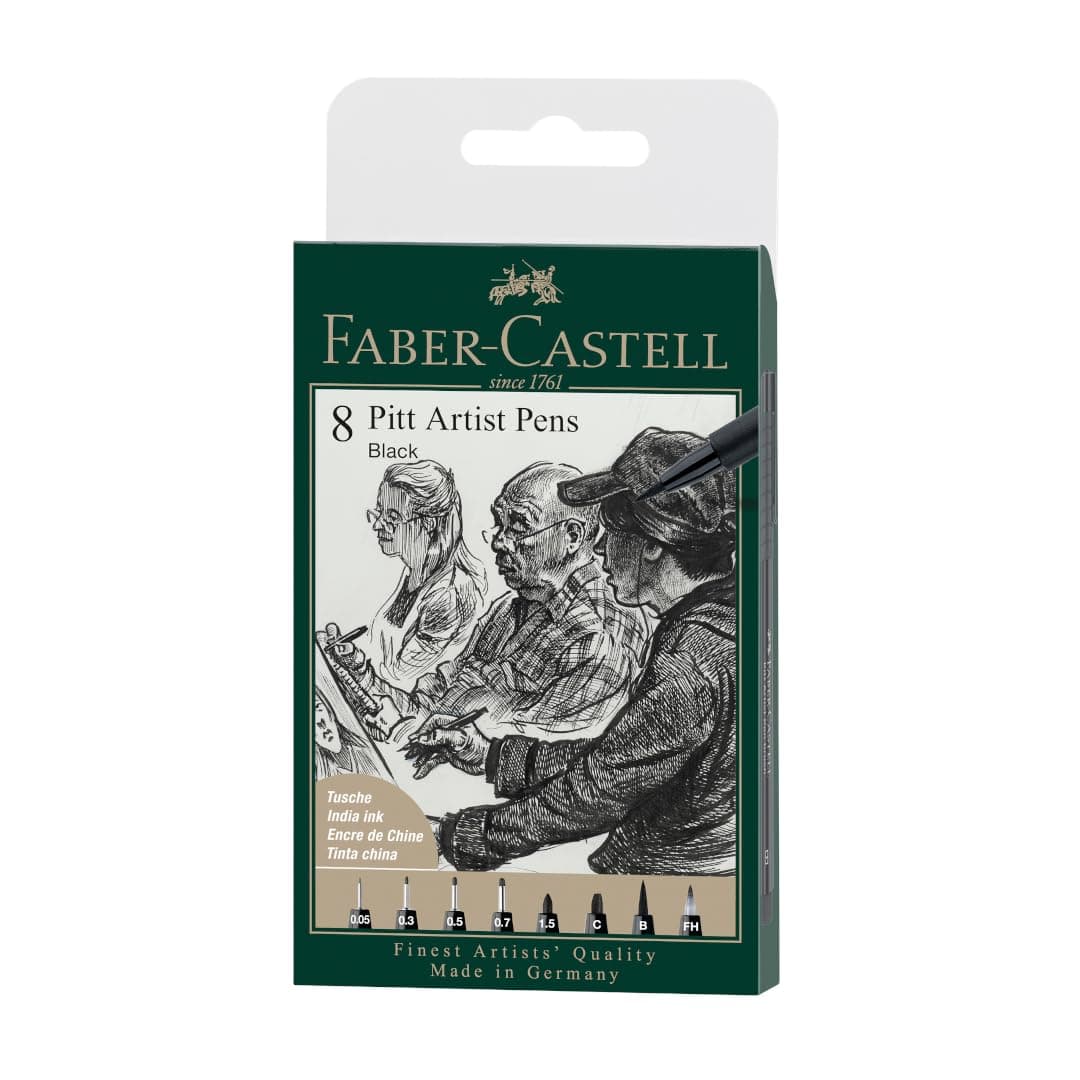 Faber-Castell Art & Graphic Pitt Artist Pen India Ink Pen, Black, Wallet of 8, Arts, Craft, Drawing, Sketching, Home, School, University, Colouring
