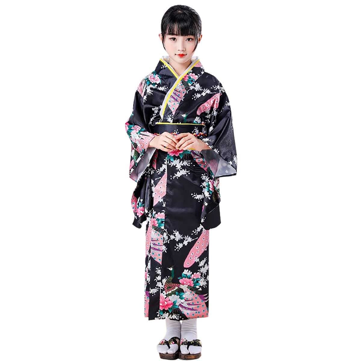 Japanese Kimono Kids Dress Traditional Peacock Flower Long Yukata Haori Costume Geisha Girls Fancy Dress