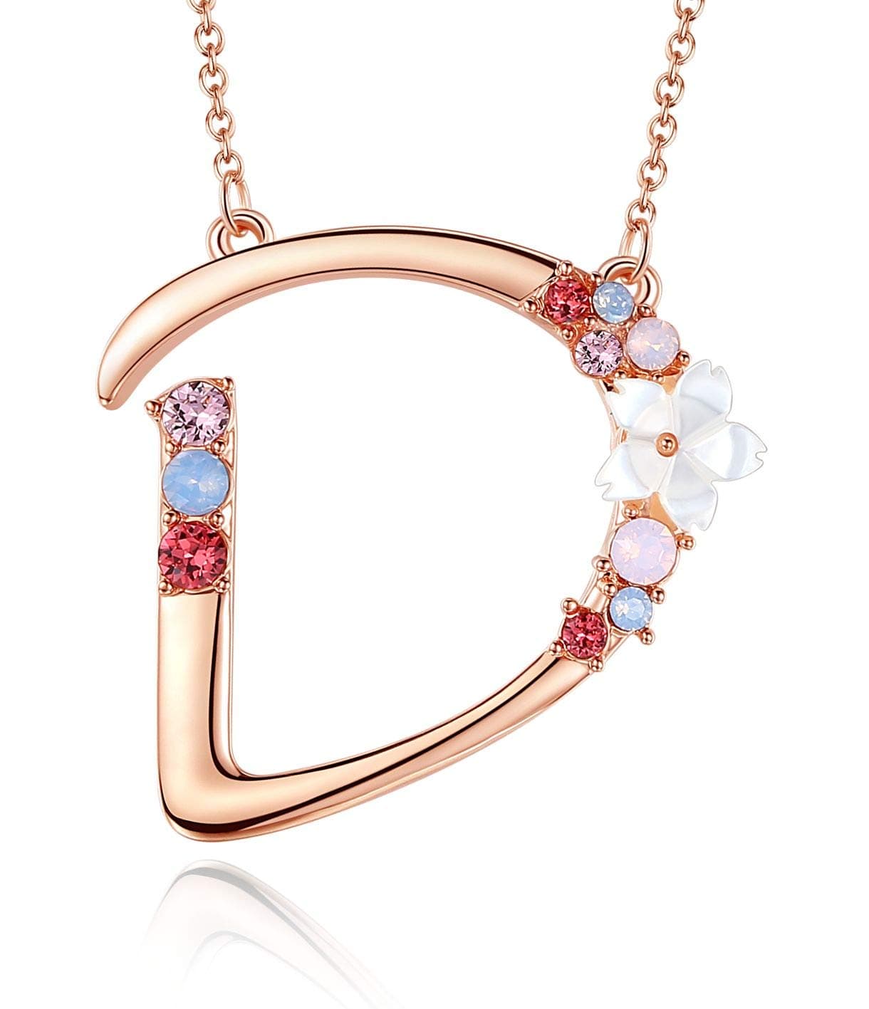Flower Initial Letter Necklace Pink Red Blue Simulated Pearl Pendant Name Jewelry Made with Austrian Crystals Rose Gold Plated Anniversary Birthday Gifts for Women,18"+2"