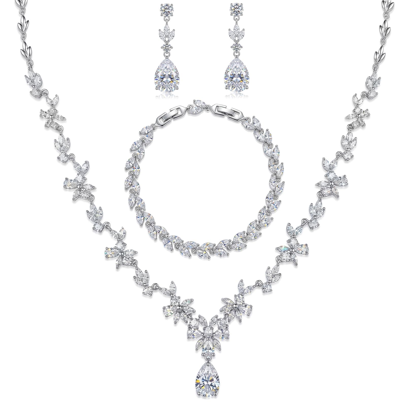 Jewelry Set for Women, Necklace Dangle Earrings Bracelet Set with White AAA Cubic Zirconia, Allergy Free Wedding Party Jewelry for Bridal Bridesmaid