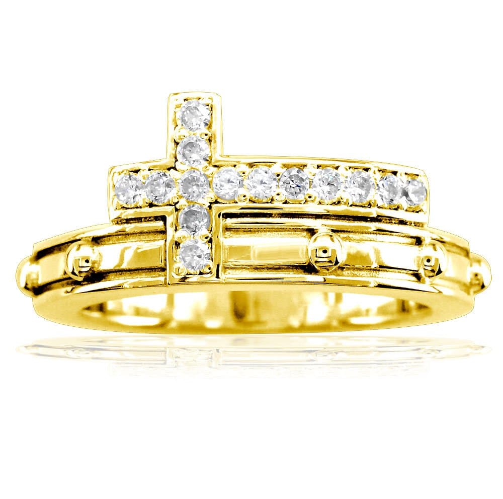 Diamond Christian Cross Rosary Ring in 14K Yellow Gold