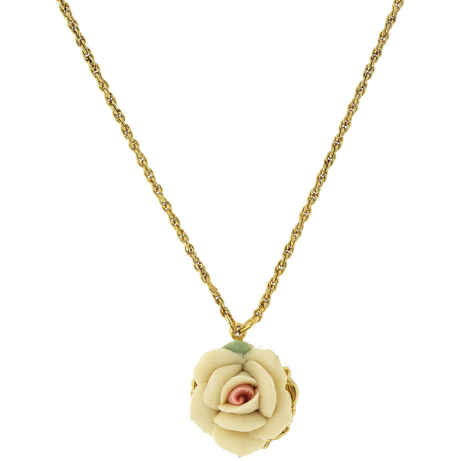 1928 JewelryGold-Tone Porcelain Rose Pendant Necklace, 16"