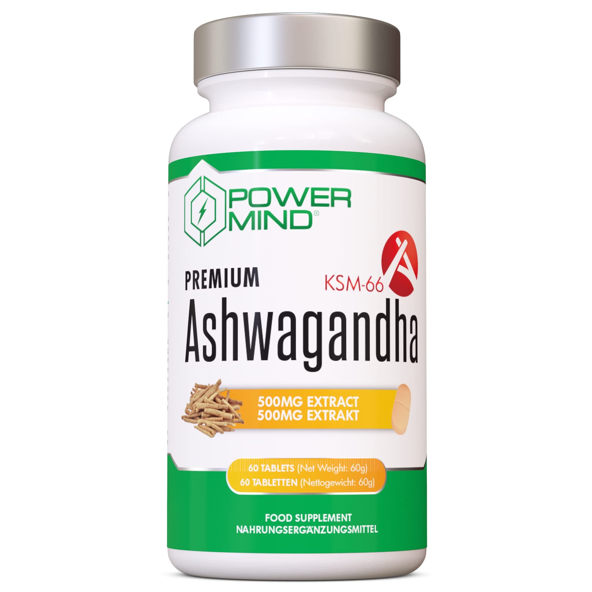 POWERMIND - Ashwagandha KSM-66 | 60 Veg Tablets | 500mg per Tablet | 2 Months Supply | Premium Quality Indian Ginseng with 5% withanolides