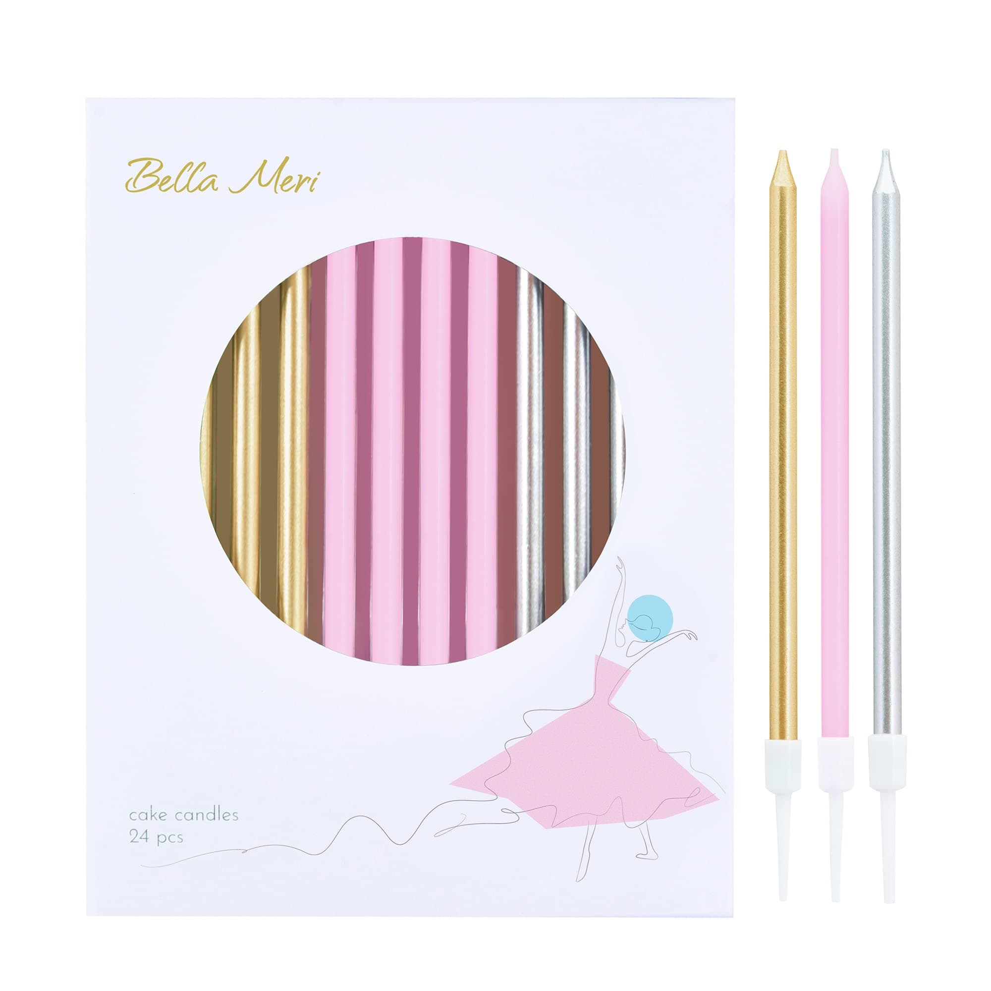 Bella Meri Gold, Pink, Silver Long Thin Metallic Birthday Candles, Cake Candles, Birthday Parties, Wedding Decorations, Party Candles