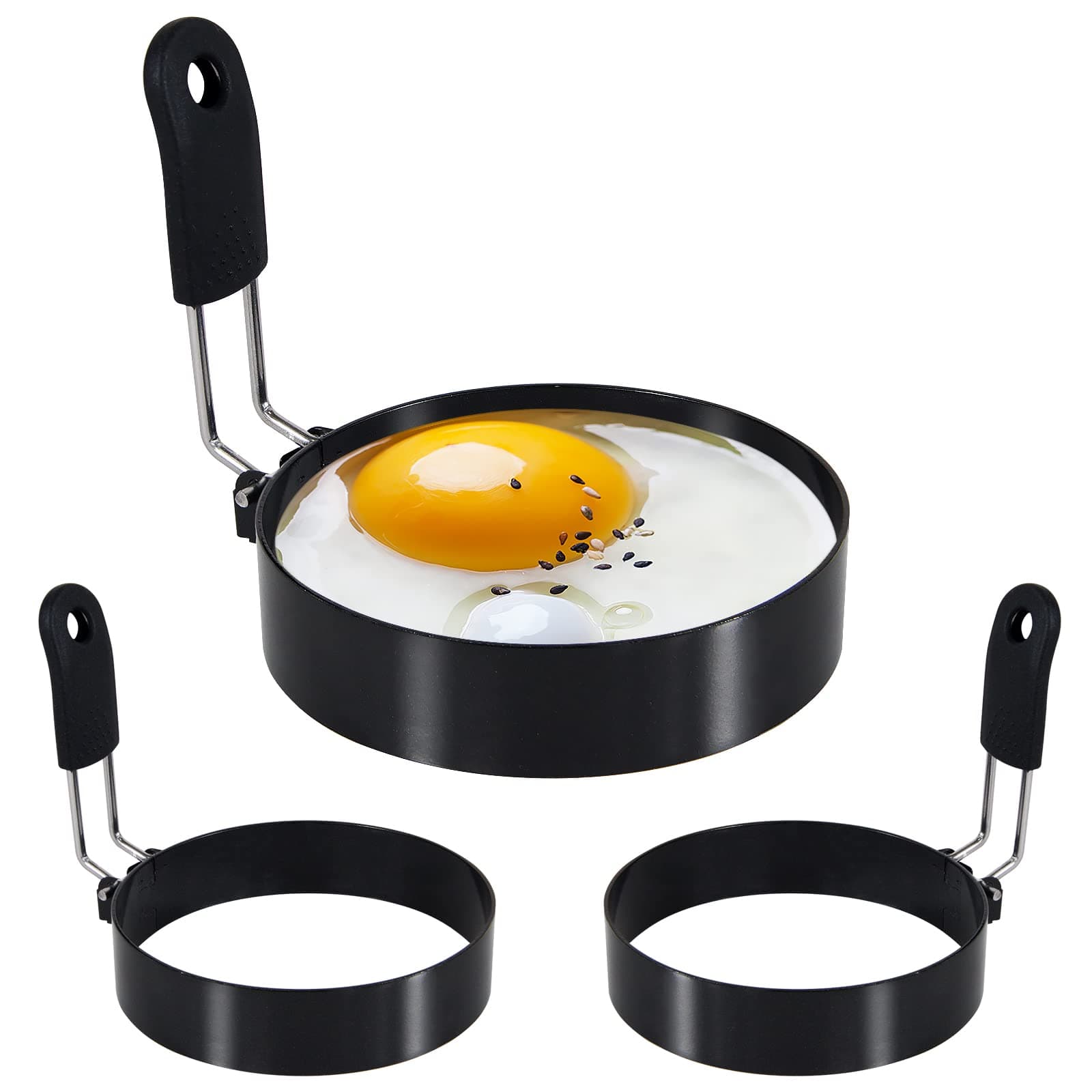 3-Pack 3.5'' Egg Rings Set with Silicone Handle, Stainless Steel Egg Cooking Rings,Nonstick,For Frying Eggs and English Muffins Pancake, Egg Mold Shaper For Breakfast