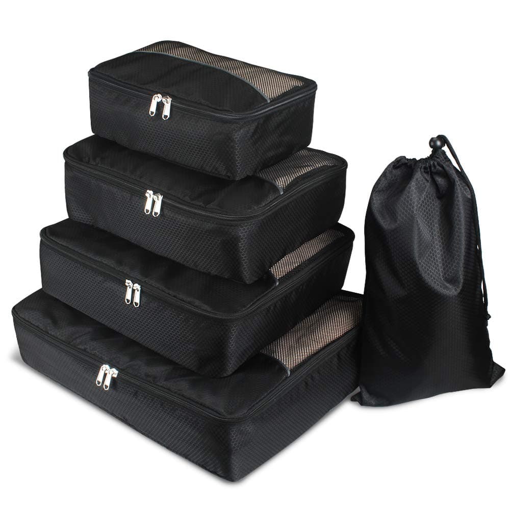 Homchen Packing Cubes Bags 5 Piece Value Set, Mesh Luggage Organizers for Travel or Home Storage (Black)