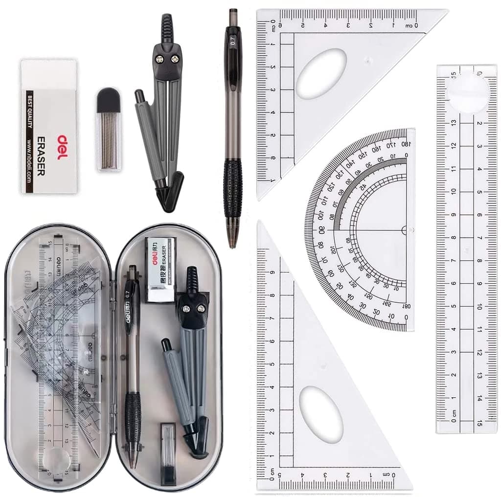HASTHIP® 8 Piece Geometry Set Compass Set Geometry Kit, Math Kit Educational Supplies Drawing Compass and Protractor Set, Rounder Compass, Pencil Lead Refills, Pencil, Eraser, Rulers for School
