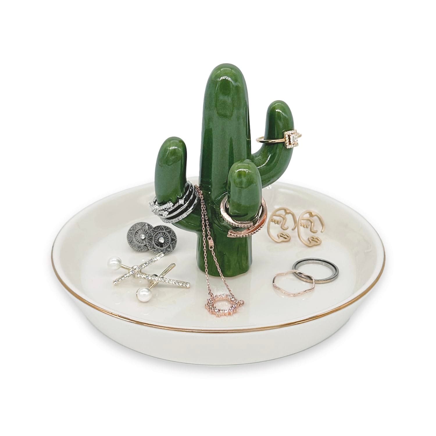 mono living Cactus Jewelry Holder and Ring Dish - Ceramic Succulent Decor for Kitchen Sink or Vanity - Cute Engagement, Birthday, or Mother’s Day Gifts for Women, Gold-Rimmed Trinket Tray