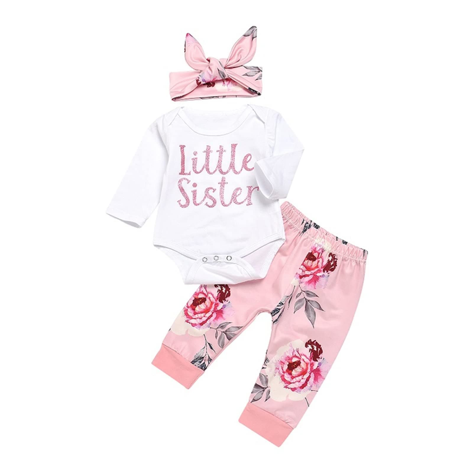 Baby Girl Clothes Set Newborn Outfit Little Sister Romper Top and Rose Printed Pant and Headband 3 Pieces