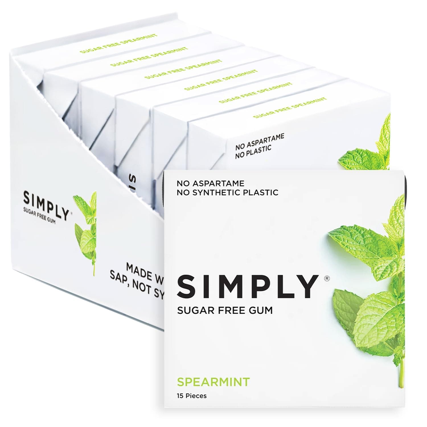 Dental Gum | Xylitol Chewing Gum - Sugar Free | Spearmint | Pack of Six (90 Pieces Total) | Synthetic Plastic Free + Sugar Free + Aspartame Free