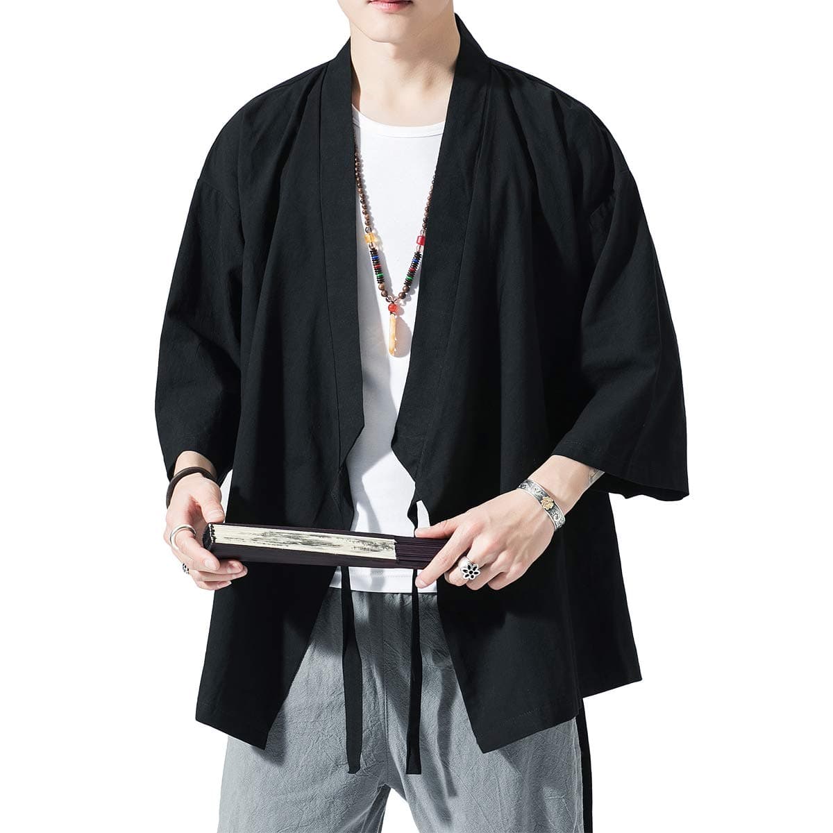 PRIJOUHE Men's Kimono Cardigan Jacket Japanese Style Flying Crane Seven Sleeves Open Front Coat