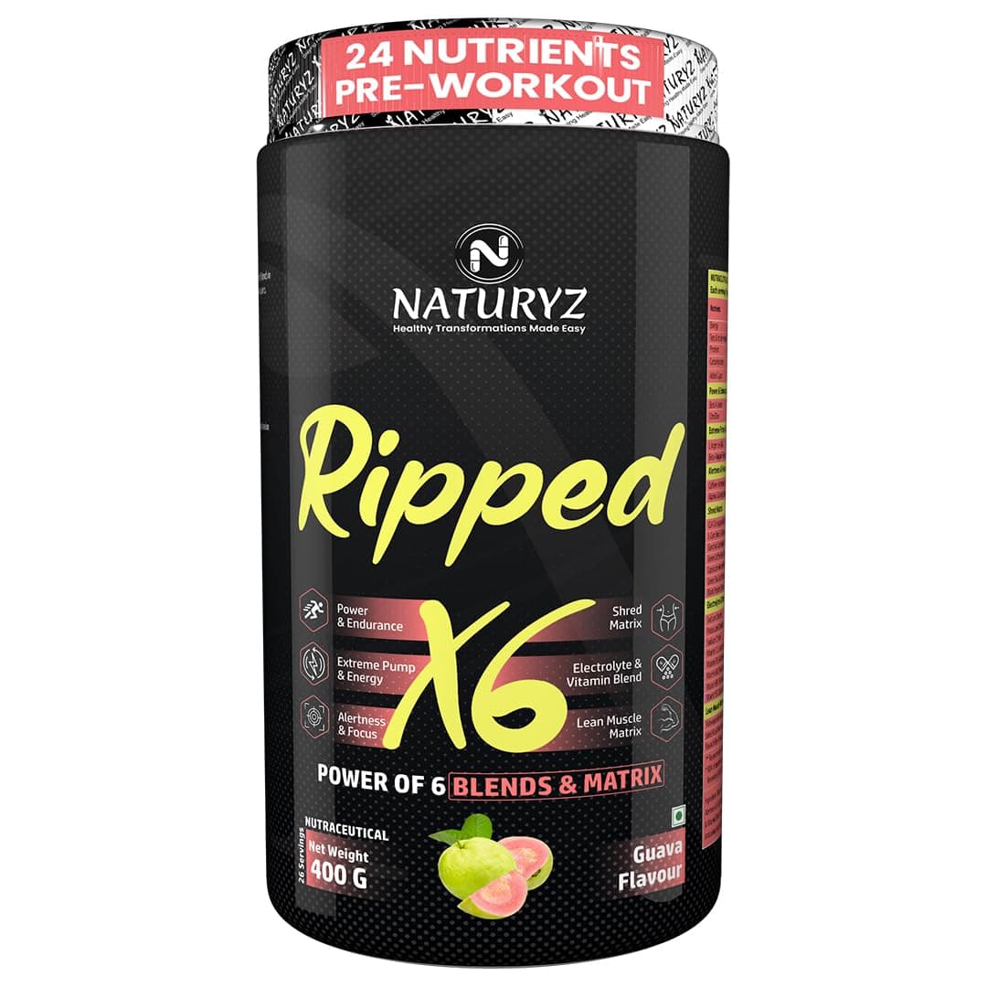 Ripped X6 Pre Workout With Highest 24 Nutrients For Extreme Pump,Power,Endurance,Energy,Focus, For Fitness Enthusiasts,Athletes & Bodybuilders- 400 grams (Guava Flavour) - Powder, 1 count