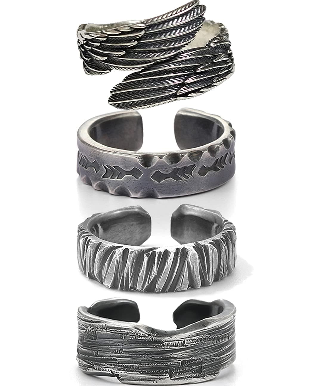 CASDAN 4 Pcs Mens Vintage Open Rings for Men Angel Wings Adjustable Ring Set