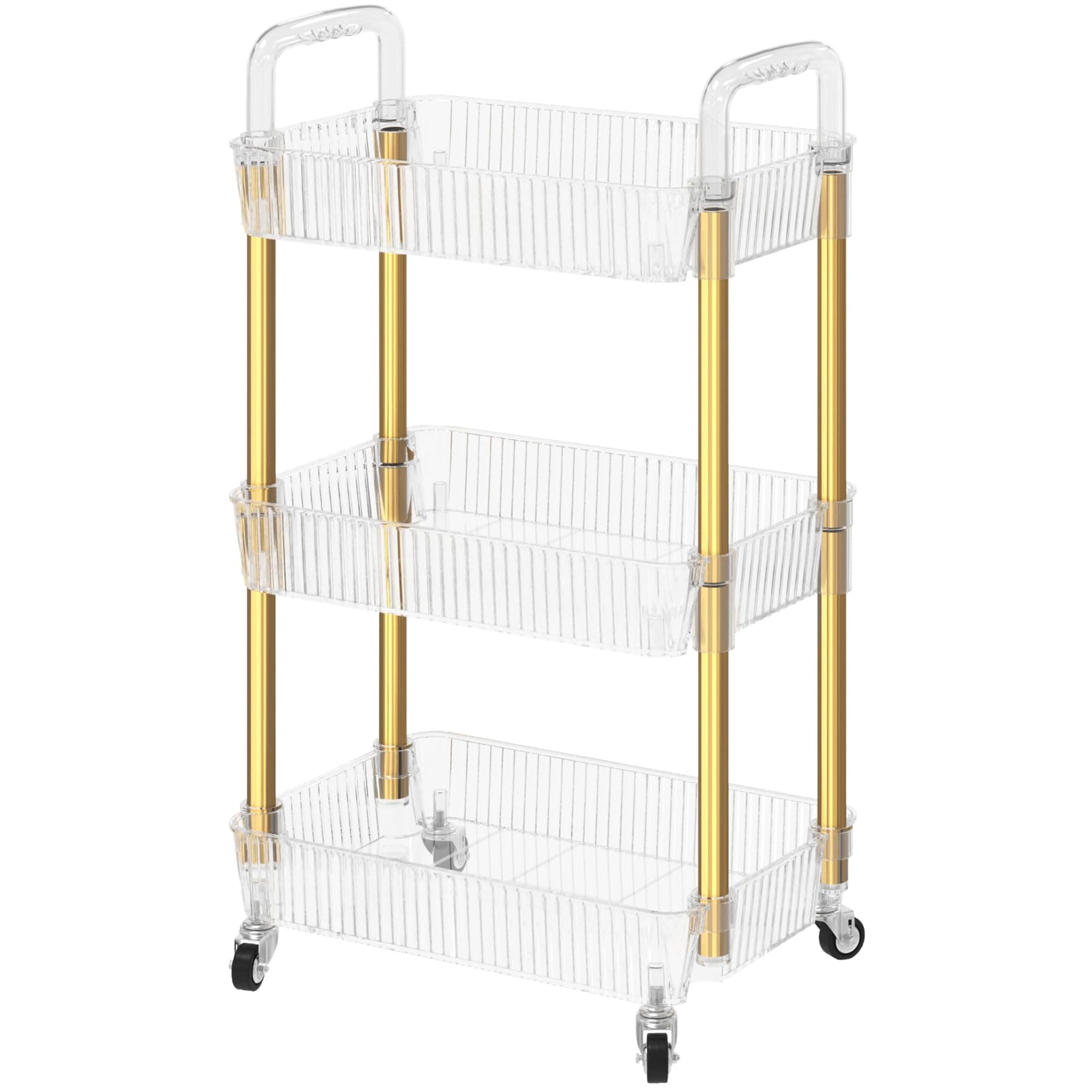 Dttwacoyh 3-Tier Rolling Cart，Makeup Cart with Wheels，Snack Cart，PET and Metal Rolling Cart for Living Room，Kitchen，Office，Bathroom，Golden