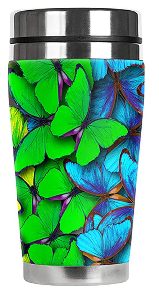 Mugzie 16 Ounce Stainless Steel Travel Mug with Wetsuit Cover - Rainbow Butterflies
