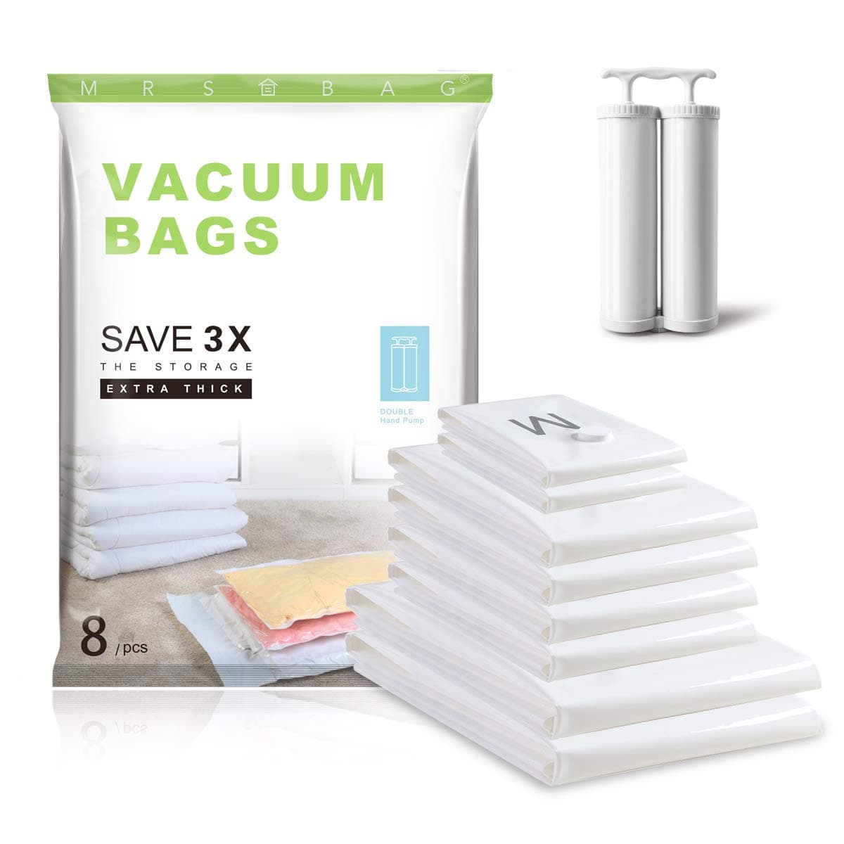 MRS BAG Vacuum Storage Bag - Strong 120 Micron (40% Thicker) - 8 Pack (3Large(32x24'')+ 3Medium(28x20'')+ 2Small(24x16'')) Clothes Storage Bags with Free Double Hand Pump