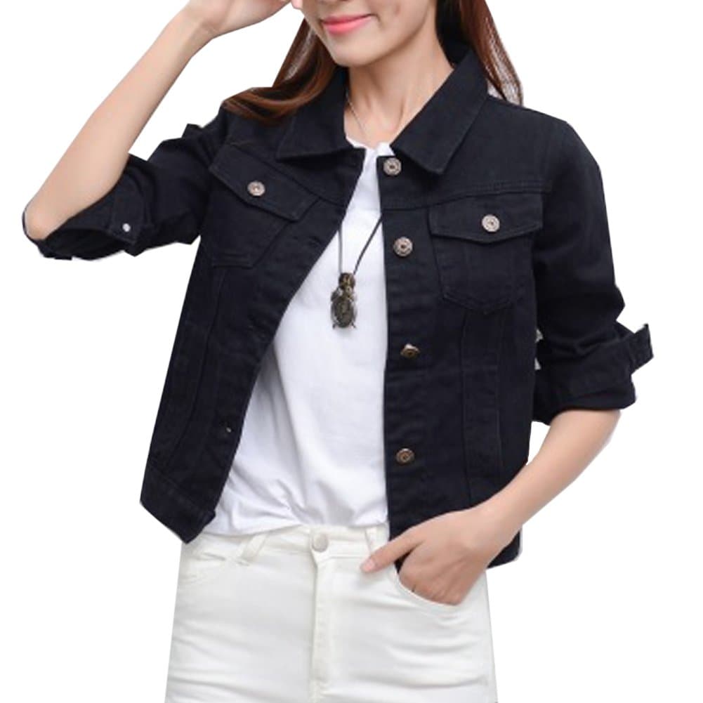 ZhengYuan Women's Long Sleeved Short Denim Jacket (Large, Black)