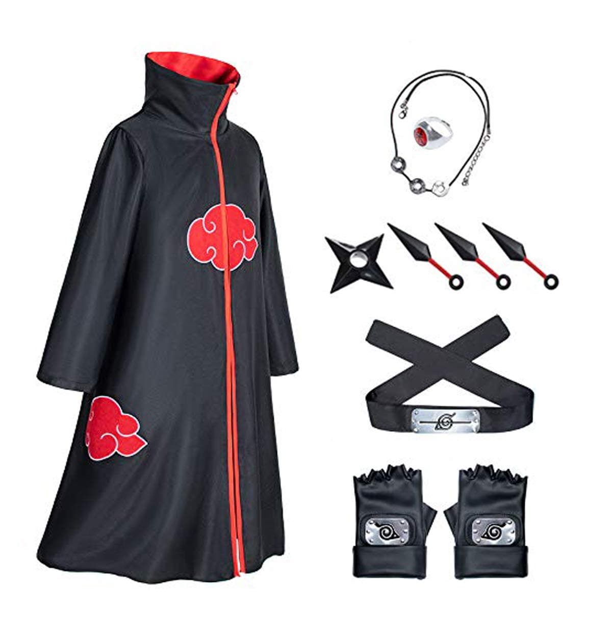 VF 9 Piece Set Anime Naruto Akatsuki Itachi Cosplay Costume, Uchiha Itachi Collar Cloak, Kunai Knives Weapon, Necklace, Ring, Anime Party Costume For Adults & Kids (XL,9 piece)