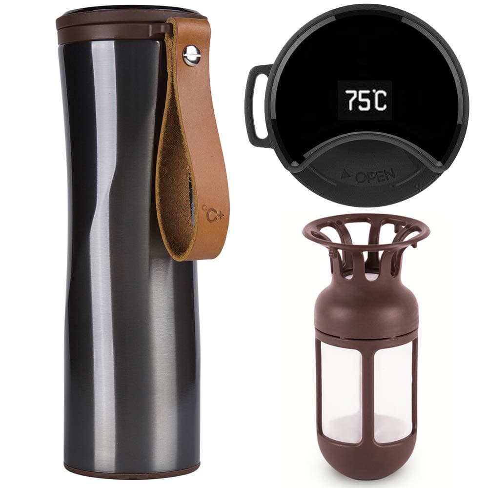 Travel Mug, Kiss Kiss Fish Vacuum Mug with OLED Temperature Display | Touch Interactive Stainless Steel Travel Tumbler, Coffee Mug including Coffee Brewer, 430ml (Grey)