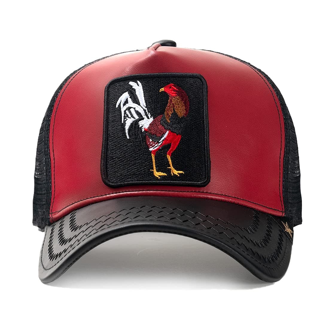 GOLD STAR HATCock Rooster Black/Burgundy Leather Fighting Trucker HAT, Black, Burgundy, One size