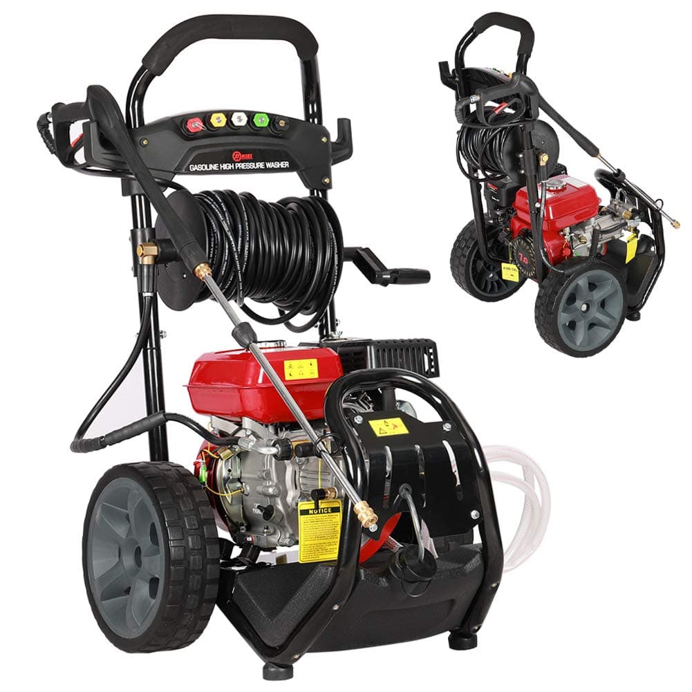 Petrol Pressure Washer Jet Washer Highest Powered for Duty Cleaning Jobs, 7.0HP Gasoline Engine, with LB-P150 Aluminum Pump&Thermal Relief Valve&12 Inch Solide Wheels&20 Meters High Pressure Hose