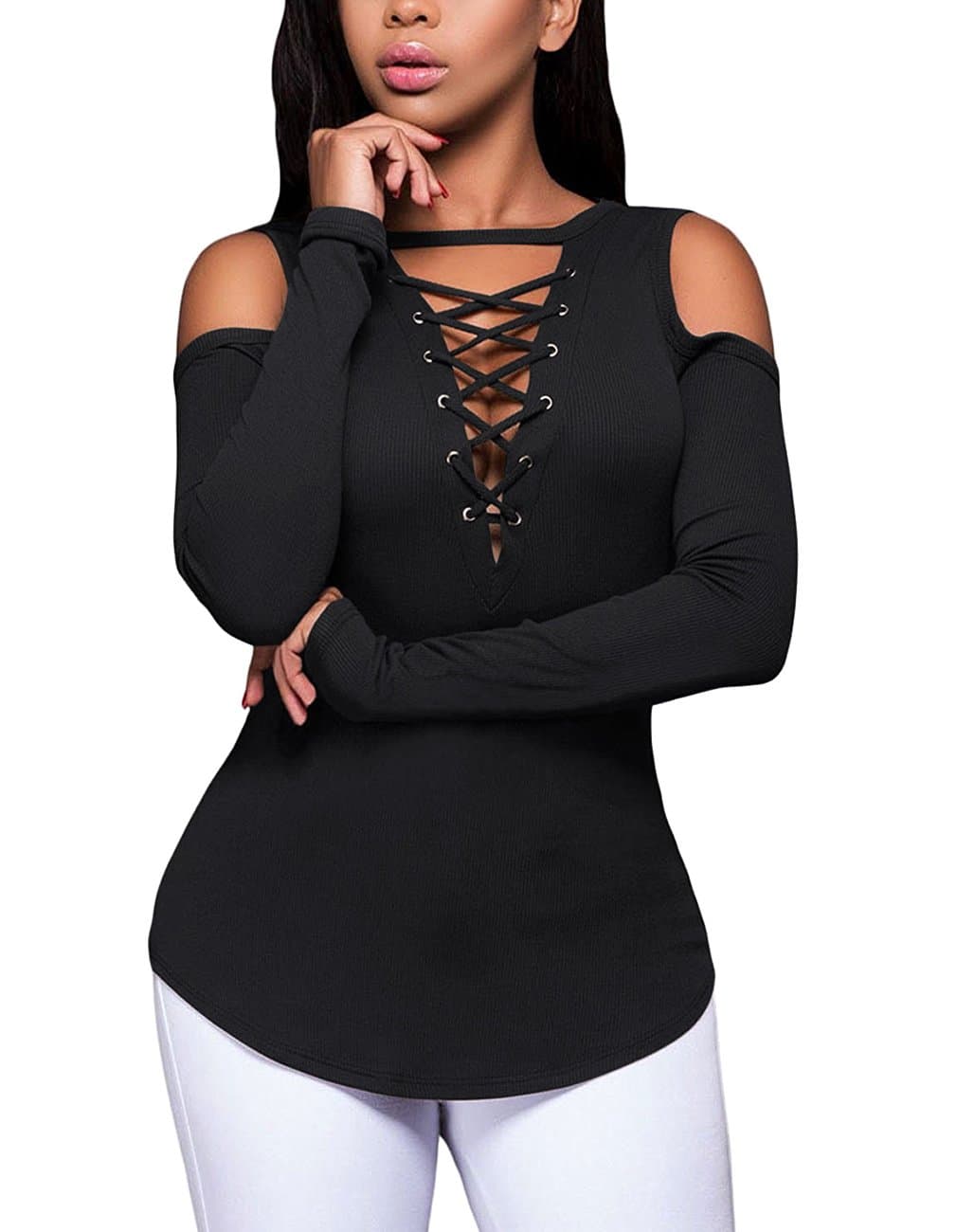Sponsored Ad - Women's Sexy V-Neck Cold Shoulder Long Sleeve Blouse Shirt Slim Lace-Up Ribbed Stretchy T-Shirt Top