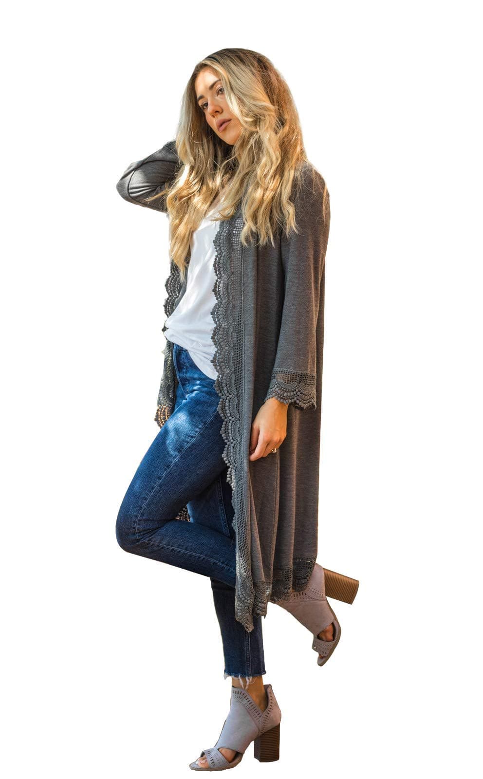 Women's 3/4 Sleeve Lace Trim Casual Wrap Cardigan Coverup Outerwear Sweater