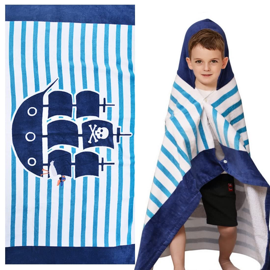 Hooded Bath Towel for Kids Boys 2 to 7 Years Old, SearchI Fast Drying Beach Towel for Swim Cover Pool Ultra Absorbent 100% Cotton Poncho Bath Towel 50x30 Inches(Sailboat)