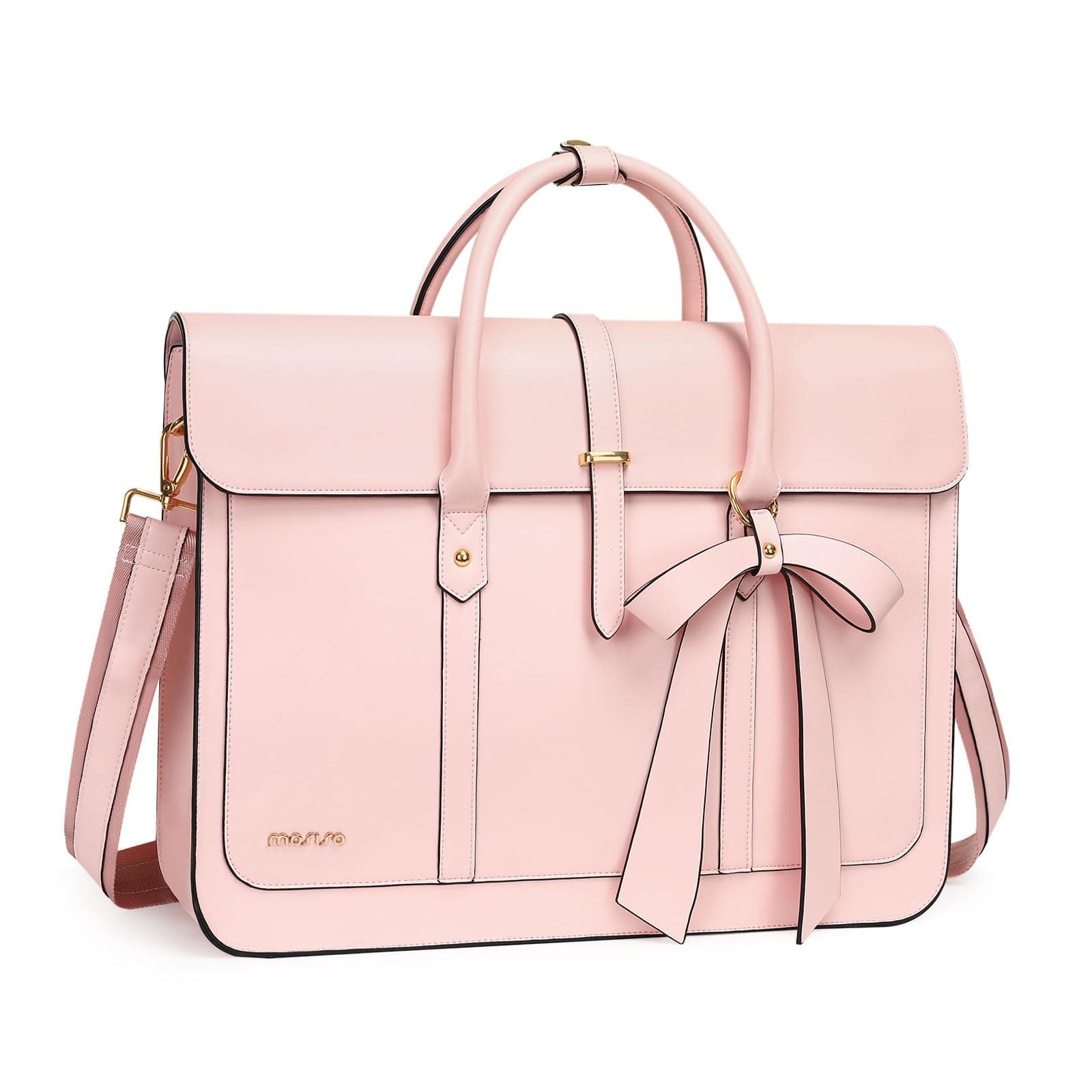 MOSISO Laptop Bag for Women, 15-15.6 inch PU Leather Laptop Shoulder Bag Convertible Backpack, 16 inch Messenger Bag Casual Handbag Work Briefcase Travel Computer Bag with Bowknot, Pink