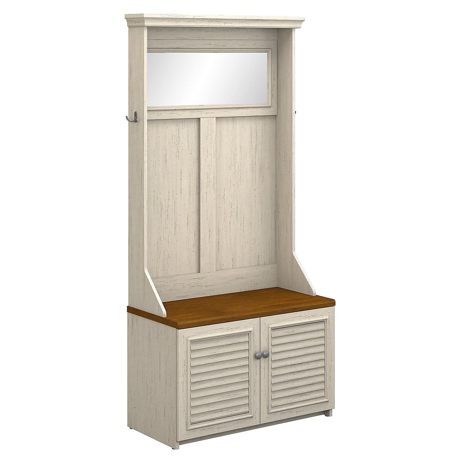 Bush Furniture Fairview Hall Tree with Storage Bench in Antique White and Tea Maple