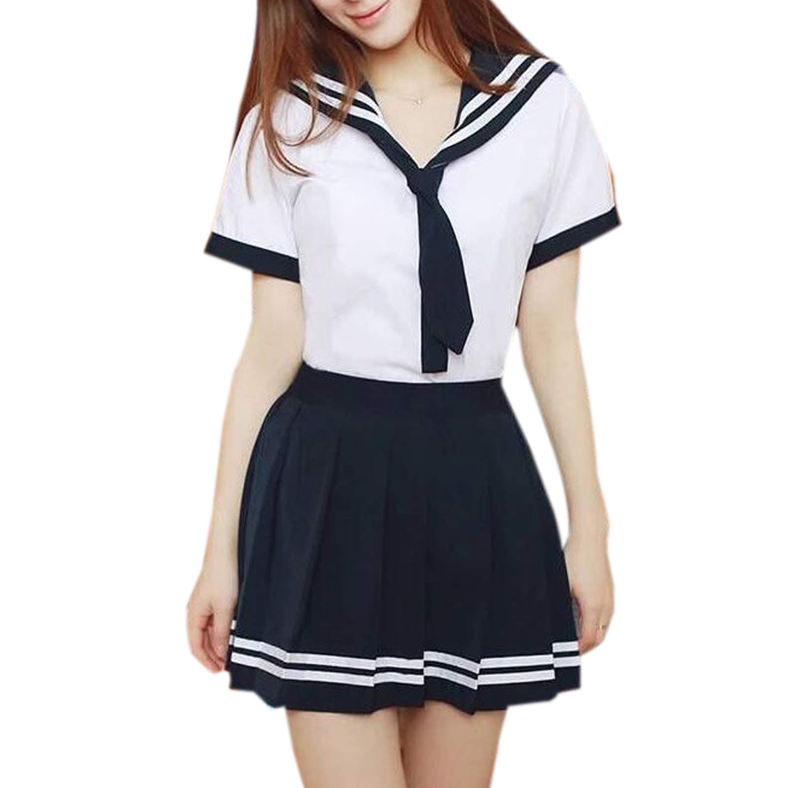 WSLCN Womens Sailor Suit Anime School Girl Uniform Dress Japanese Skirt Cosplay Costume Short Sleeve Shirt Mini Pleated Skirt Navy Blue S