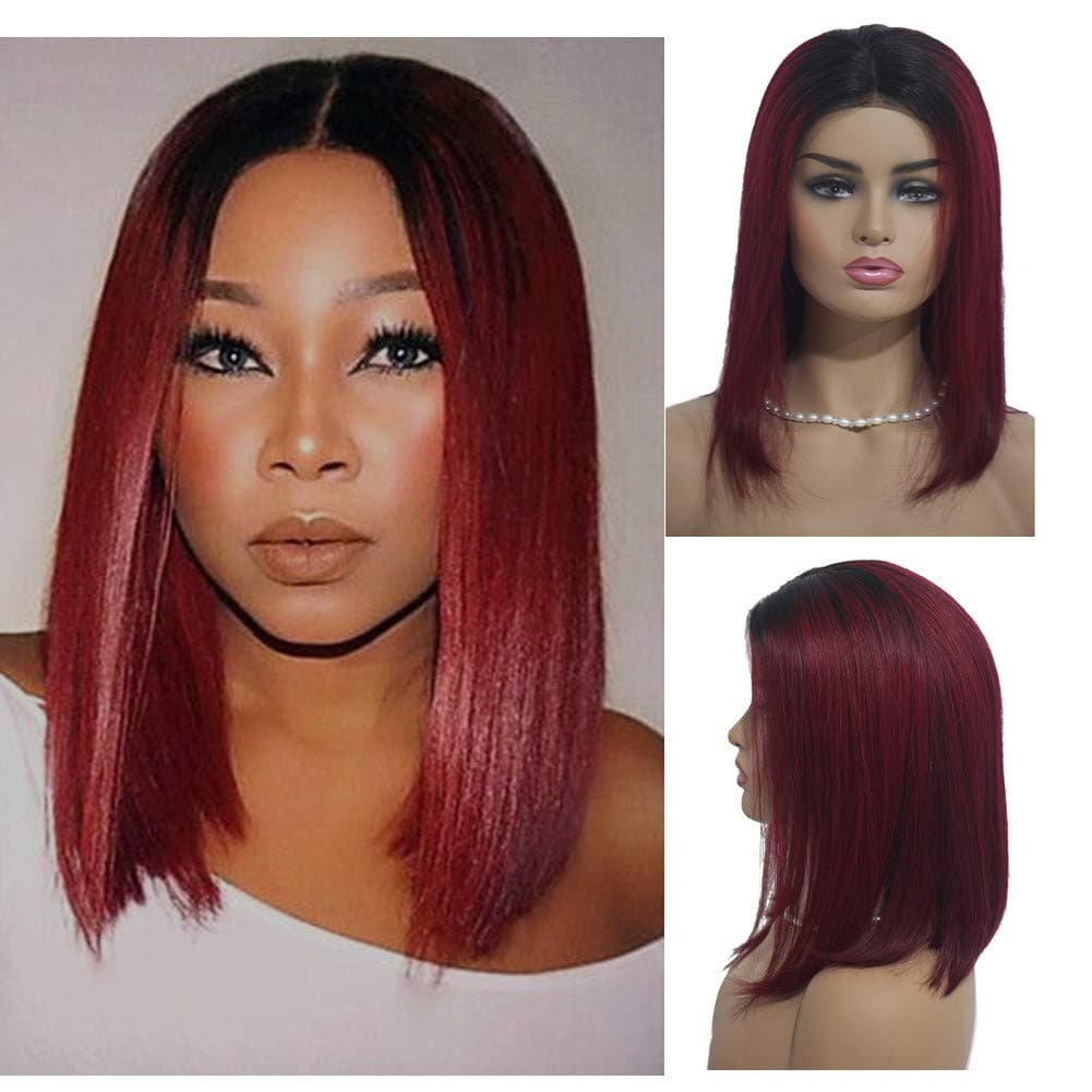 Loviness Short Straight Lace Front Human Hair Bob Wigs Ombre Color 180% Density 13x4 Lace Frontal Glueless Remy Hair Wig for Women 1B/99j Virgin Hair Pre Plucked(8 inches)