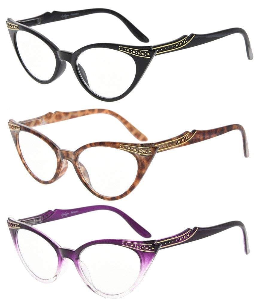 Eyekepper Womens 3 Pairs Reading Glasses Ladies' Vintage Cat Eye Readers (Black/Tortoise/Purple Transparent, +2.75)