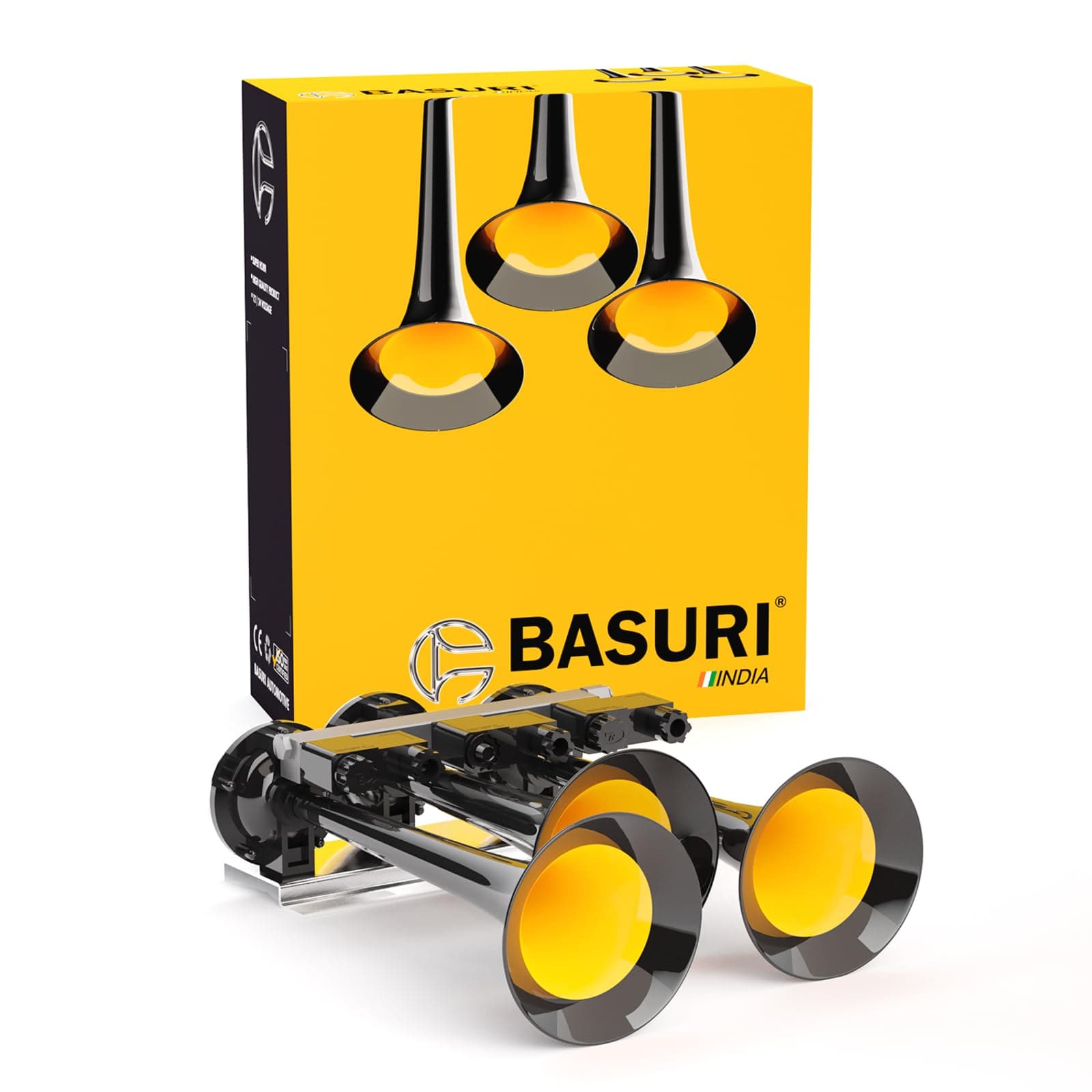 BASURI® Musical Air Horn | 12 & 24 Volt | 130 DB | Version (Tri Jumbo) 16 Super Loud Melodies (Sounds) 3 Pipe (Trumpets) With Turbo Controller For Bus, Truck and Heavy Duty Vehicles