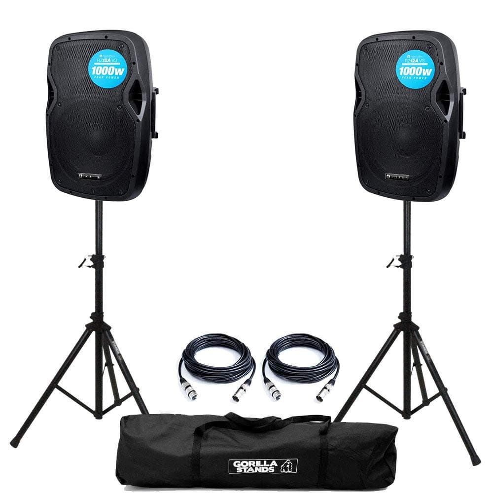 Audio RZ12A V3 Active 2000W 12" DJ Disco PA Speaker (Pair) with Stands