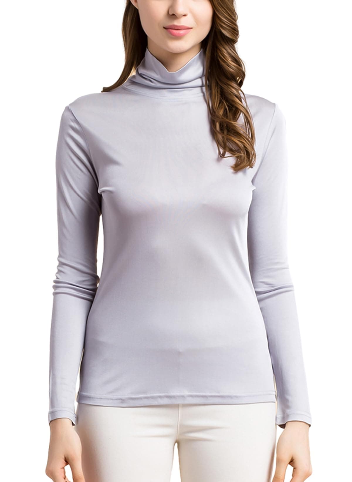 MOROUTLINE Silk Tops Turtleneck Long Sleeve Silk Pullover Tops Ultra Soft Thermal Layer Tops Slim High Neck T Shirt