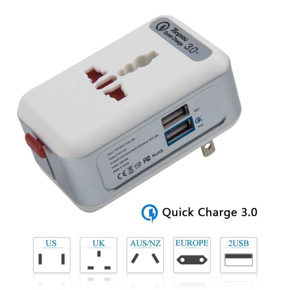 Travel Adapter, Tonpvon Quick Charge3.0 Dual USB Worldwide All-in-One Travel Chargers for EU UK US AUS 150 + Countries Universal Travel Power Plug Wall AC Adapter Fast Charger. (Silver)