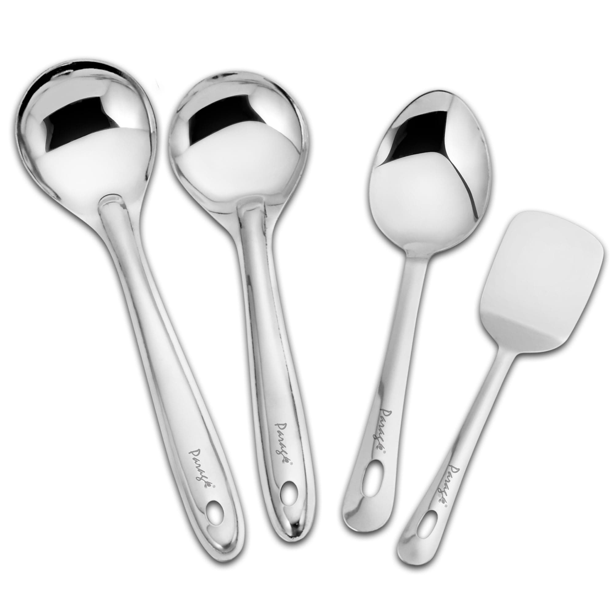 Stainless Steel Kitchen Tools Set for Kitchen Cooking and Serving, Pack of 4, Serving Spoon, Turner/Spatula (Palta), Basting and Rice Spoon, Silver (Size: 26.5 cms, 25 cms x 2, 23 cms)