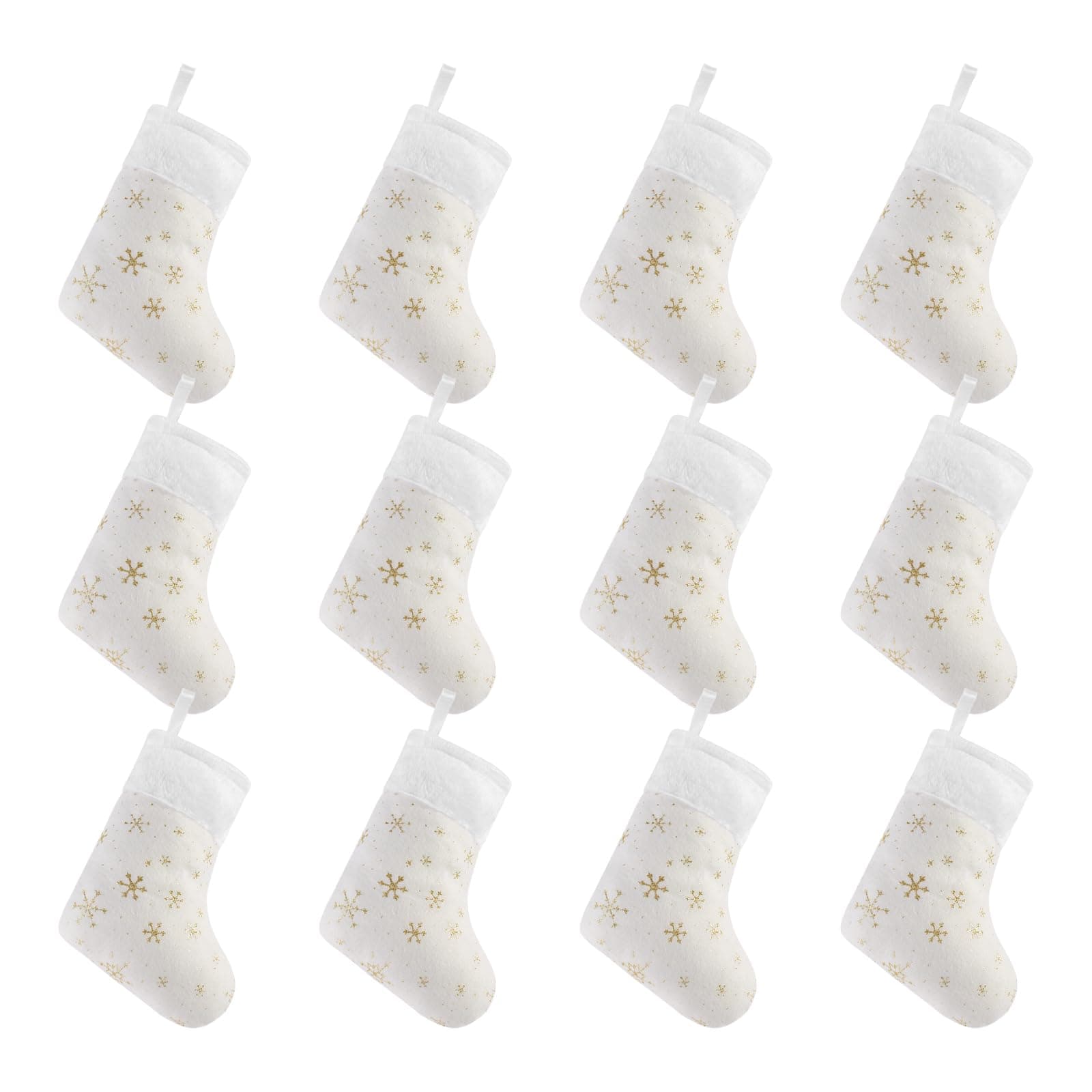 12 Pcs Mini Christmas Stockings,Small White Xmas Hanging Stocking with Glitter Golden Snowflake for Fireplace Christmas Tree Decoration