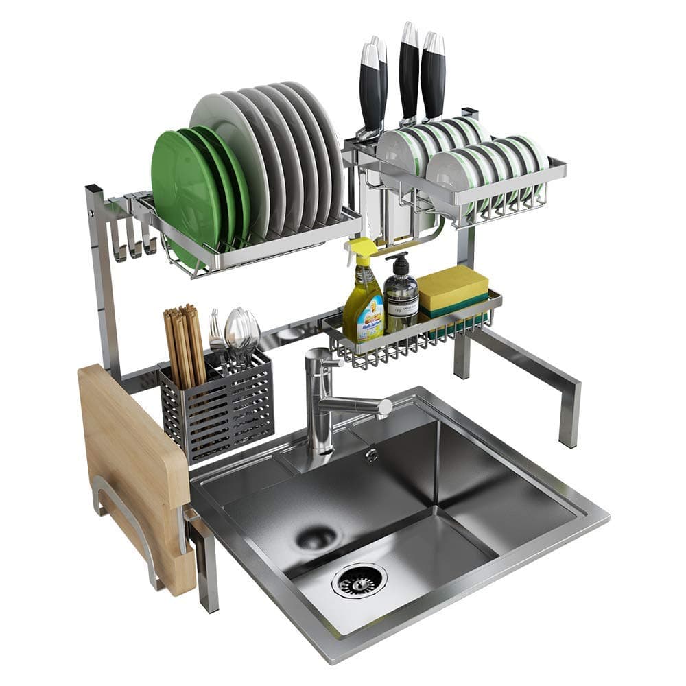 Bokywox Stainless Steel Over Sink Rack Dish Drying Racks Dish Drainer Kitchen Supplies Storage Shelf Rack Drainer Organizer Utensils Holder for Small Single Sink groove