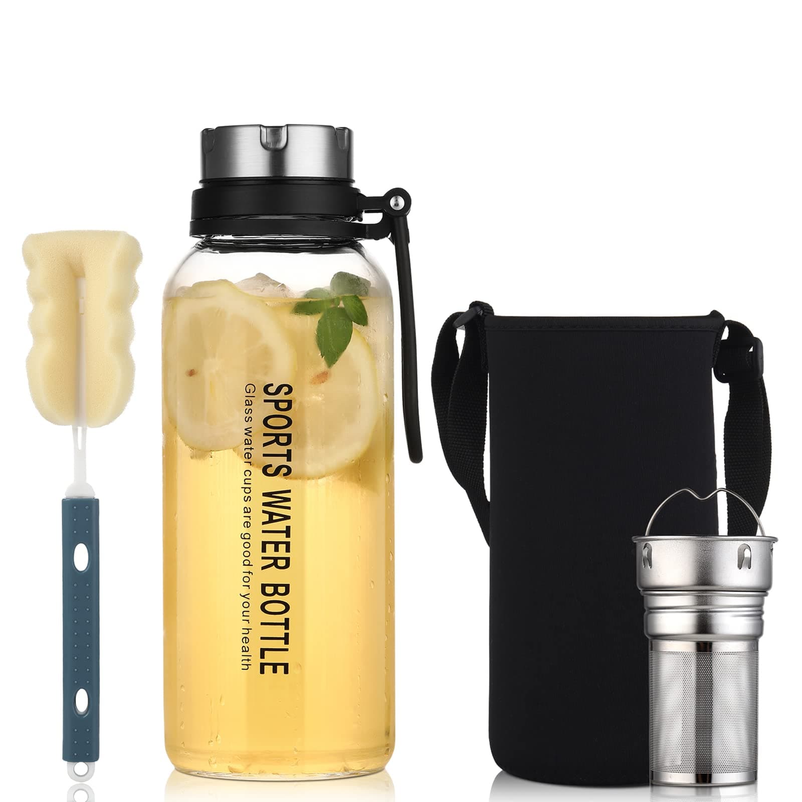 Large Glass Infuser Water Bottle,Glass Tea Tumbler with Strainer and Neoprene Sleeve, Sport Water Bottles for Gym Hiking Camping