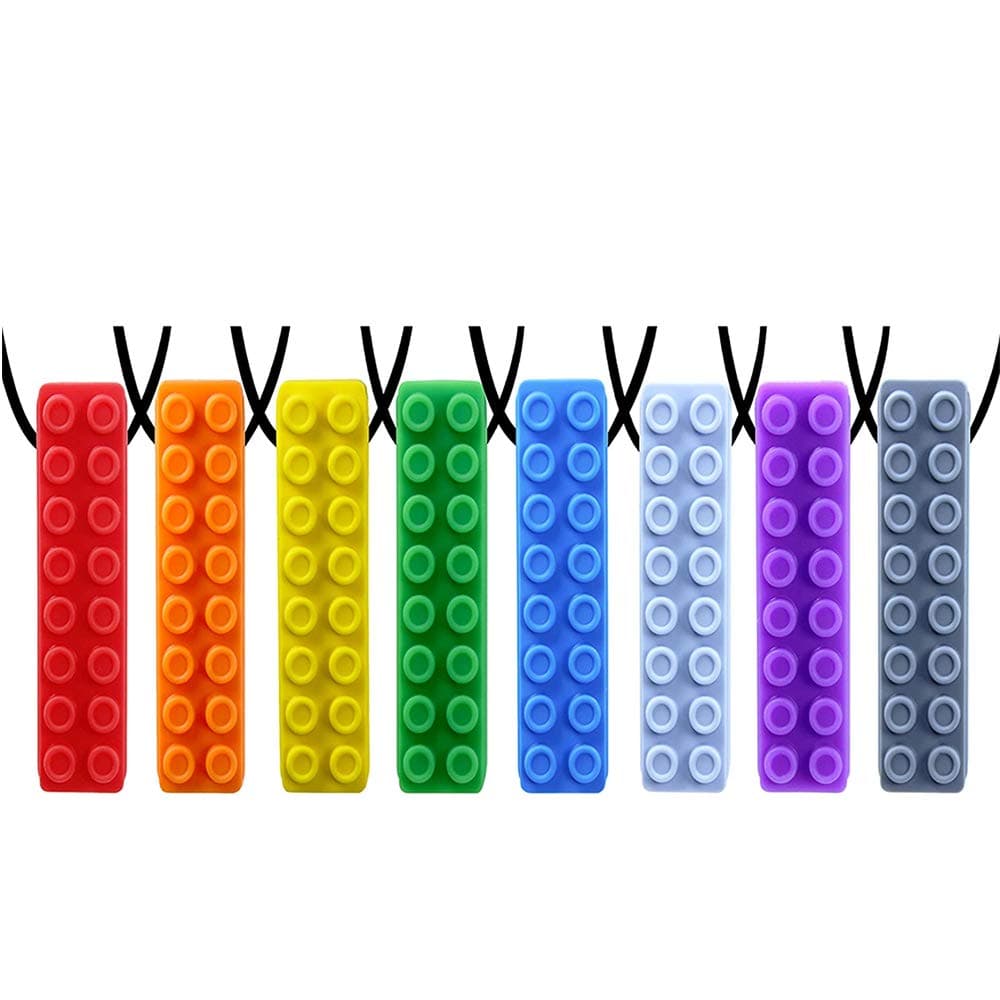 Chew Necklace by GNAWRISHING - 8-Pack (Rainbow Building Block8)- Perfect for Autistic, ADHD, SPD, Oral Motor Children, Kids, Boys, and Girls (Tough, Long-Lasting)