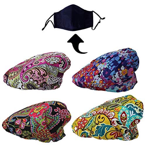 JoyRing 4 Pack Adjustable Surgical Scrub Cap Medical Doctor Bouffant Hats with Sweatband and Free Cotton Mask (Set K)