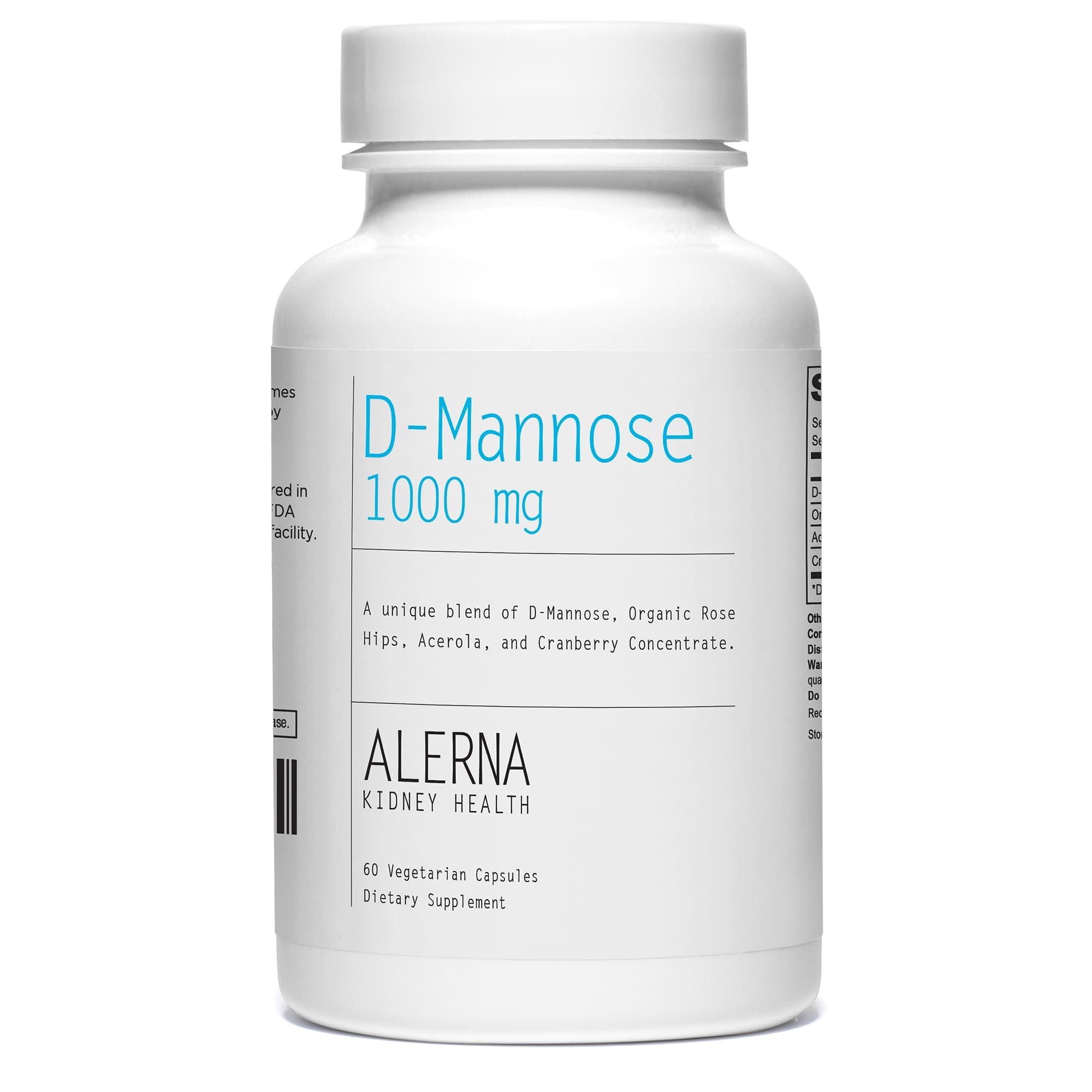 Alerna Kidney Health D-Mannose 1000 mg - Urinary Tract - with Cranberry Concentrate, Organic Rose HIPS, Acerola Extract - 60 Vegetarian Capsules