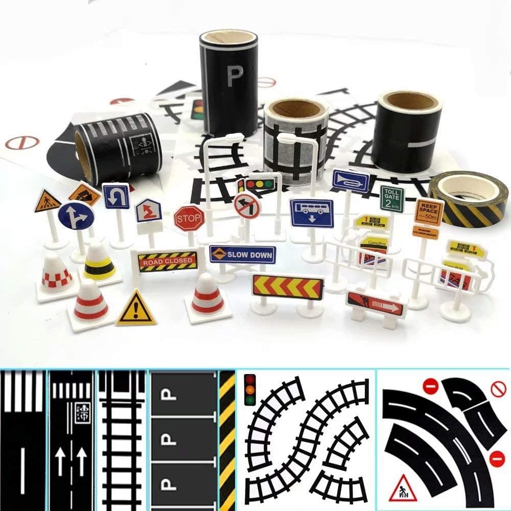 – Play Road Tape for Toy Cars & Trains, 3 Rolls of Black Tape, Each 197 inch x 1.9 inch, Includes Traffic Signs, Sticks to Floors and Walls, Easy Cleanup, No Residue, Kids Gift
