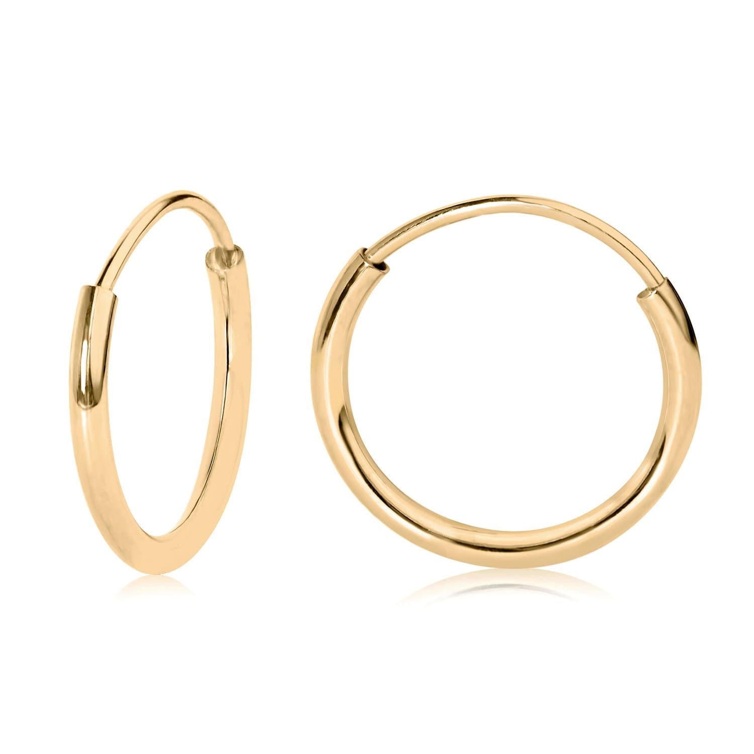 14k White or Yellow Gold Lightweight Endless Hoop Earrings (10-20mm) True 1.0mm width. Piercing to Lobe, Upper-Lobe for a Woman, Man, Teens