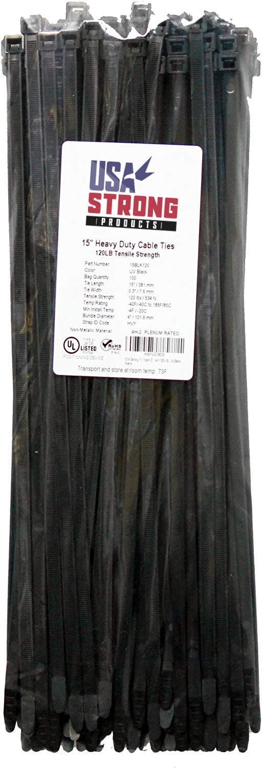 Heavy Duty Cable Zip Ties. Durable strong nylon tie wraps, 120 LB Tensile Strength (15 Inch 100 Pack, UV Black)