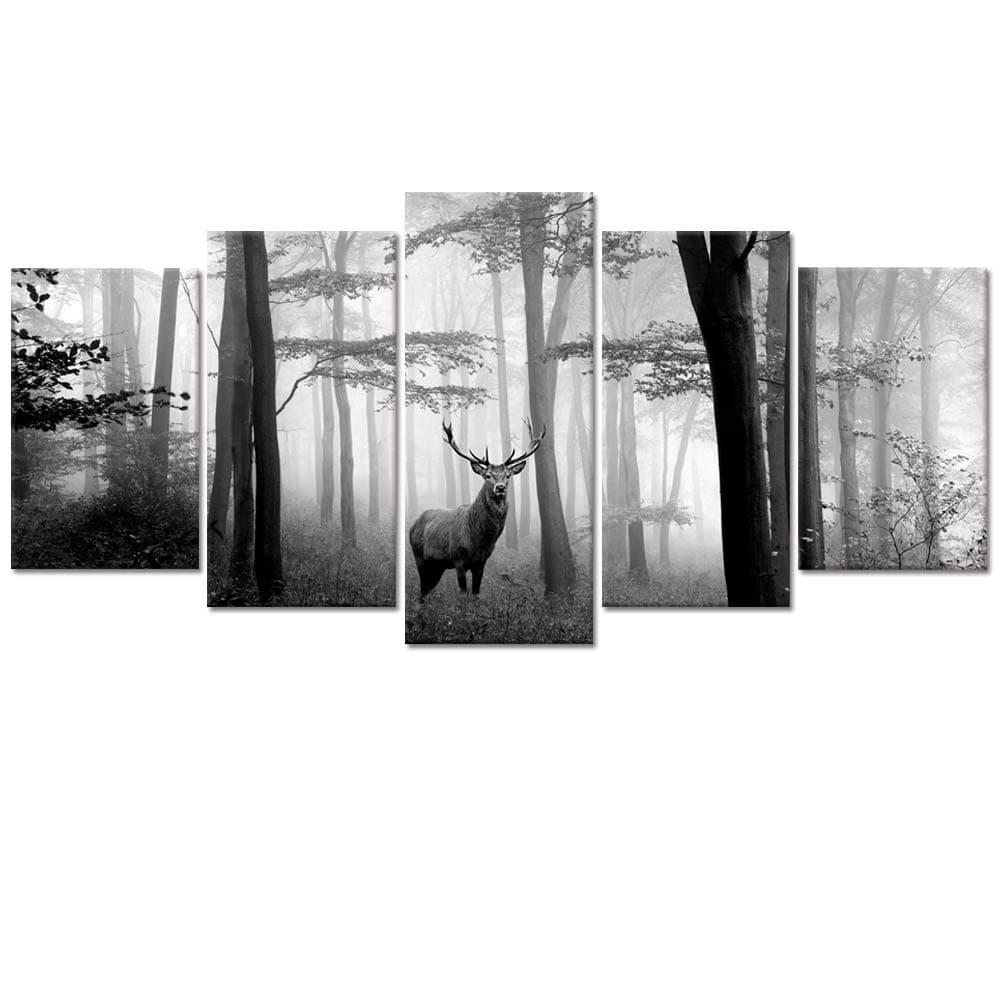 Welmeco5 Pieces Animals Wall Decor Black and White Deer in Autumn Forest Canvas Prints Artwork for Home Office Nature Scenery Living Room Bedroom Decoration