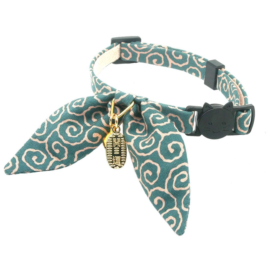 PetSoKoo Unique Bunny Ears Bowtie Cat Collar, Japan Traditional Lucky Pendant and Gold Bell. Safety Breakaway, Light Weight, Soft, Durable. Quick Release and Easy Adjustable (Standard, Dark Cyan)