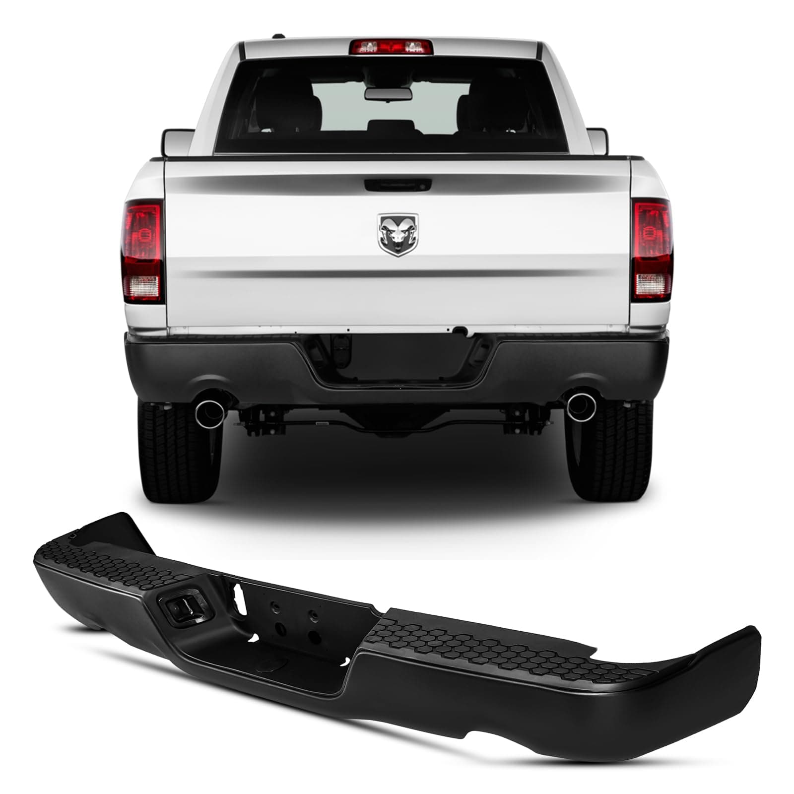 KYX Rear Bumper Compatible for Dodge Ram 1500 2011-2018/Ram 1500 Classic 2019-2022, Black Rear Step Bumper with Dual Exhaust Cut-Outs, without Sensor Hole, Replacement for CH1103123
